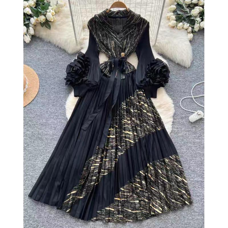 European and American Panhua 3D Floral Pleated Dress with Lantern Sleeves and Large Swing Skirt