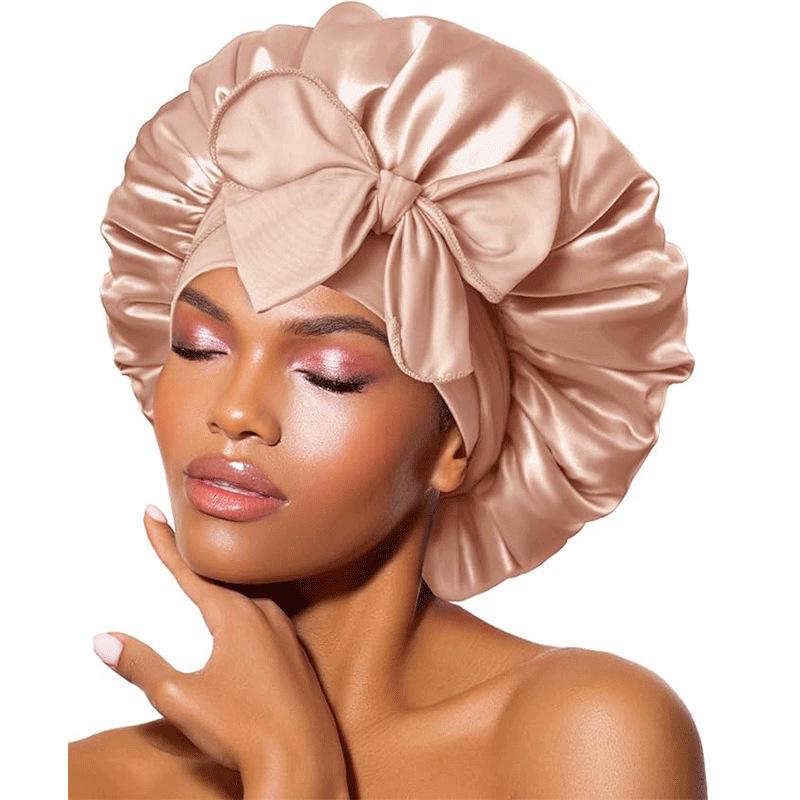 Women's Satin Sleep Cap with Elastic Ribbon - Large Hair Protection Cap for Home Use