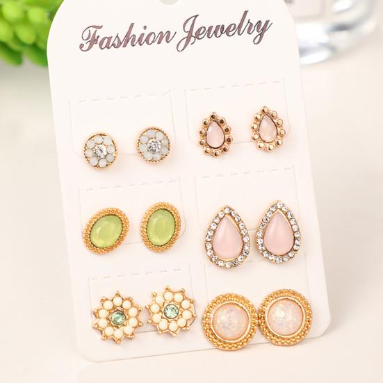 6Pairs Women Water Drop Flower Rhinestone Faux Opal Ear Studs Earrings