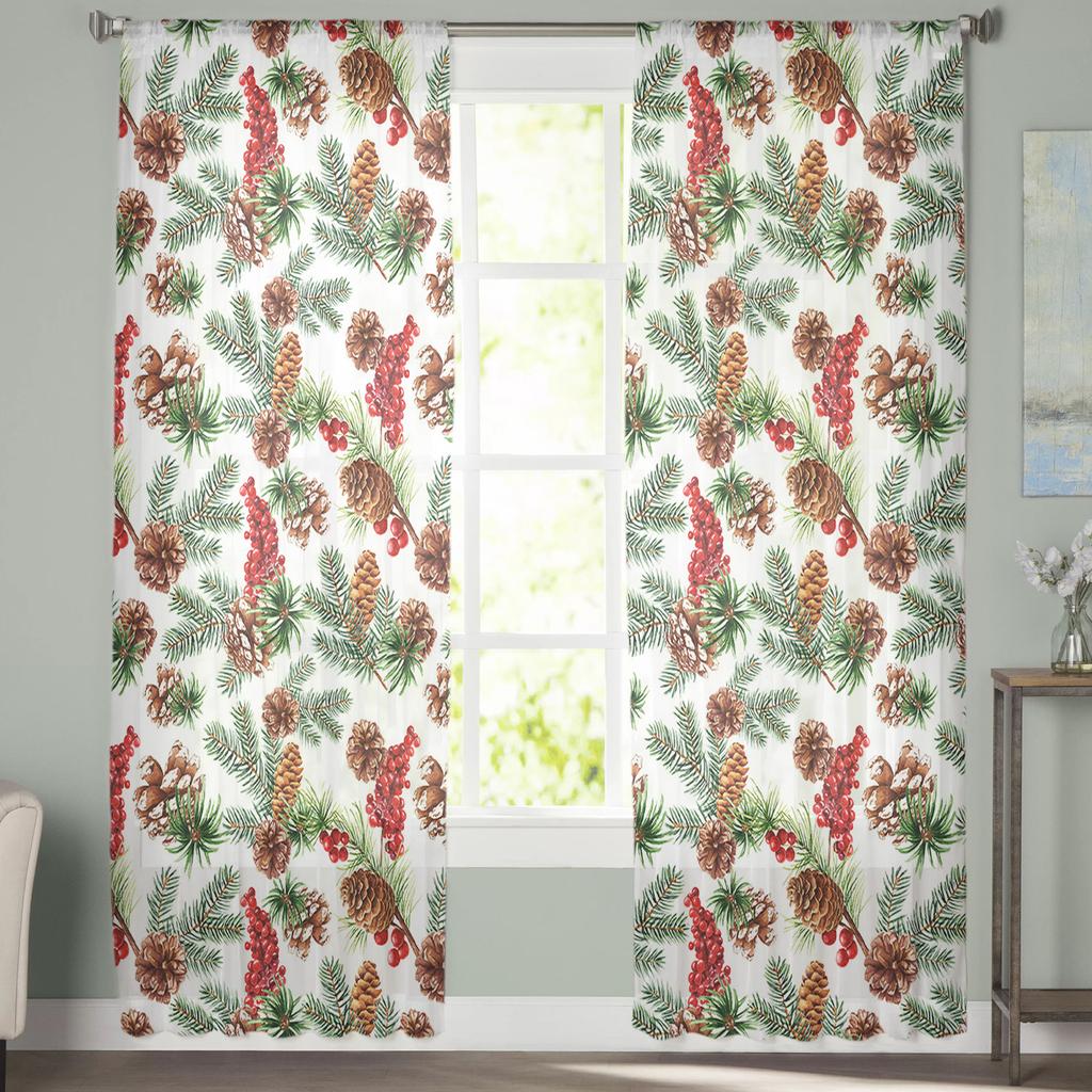 Weihnachts-Kiefernzapfen Kiefernnadeln Frucht Transparente Vorhänge für Kinderzimmer Wohnzimmer Voile-Vorhänge Weihnachten Küche Tüllvorhang