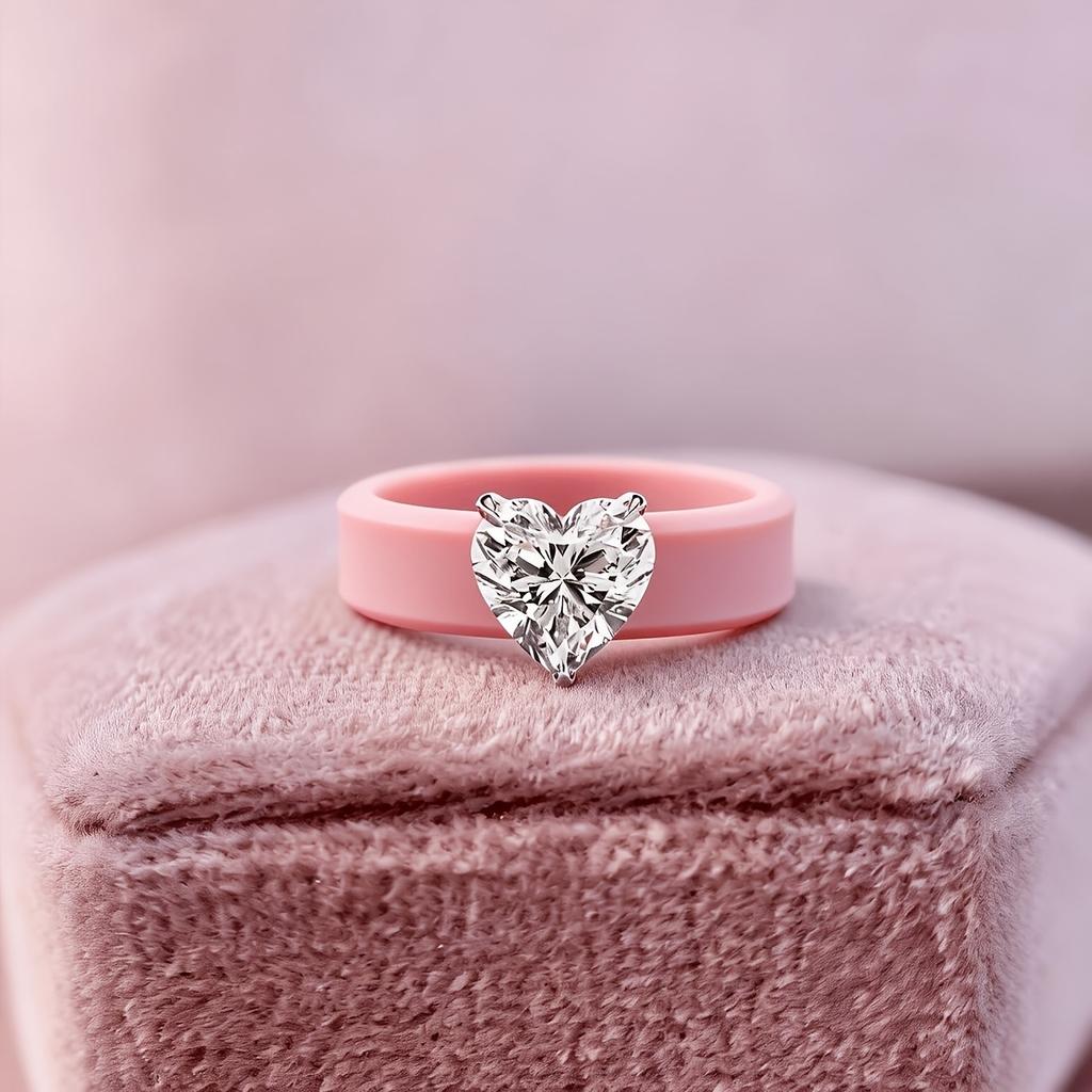 Elegant Pink Silicone Ring 3-Prong Clear Heart Solitaire CZ,Dainty Casual Engagement Jewelry For Ladies