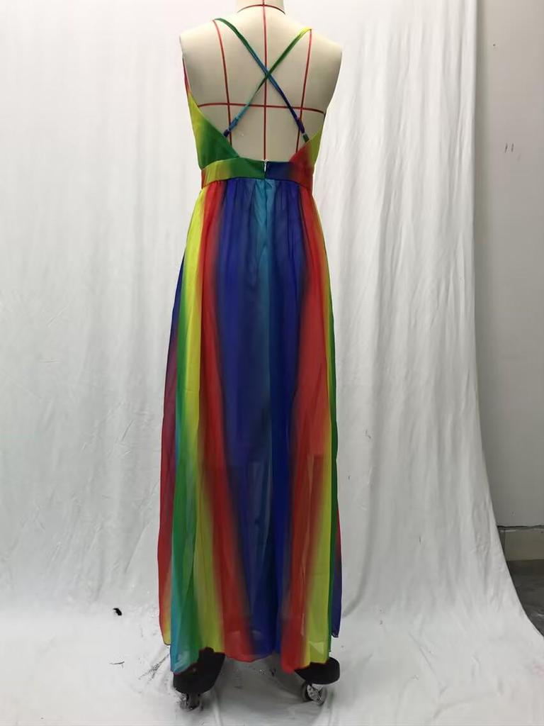2025 Spring/Summer European & American Women's Sexy Deep V Rainbow Chiffon Dress