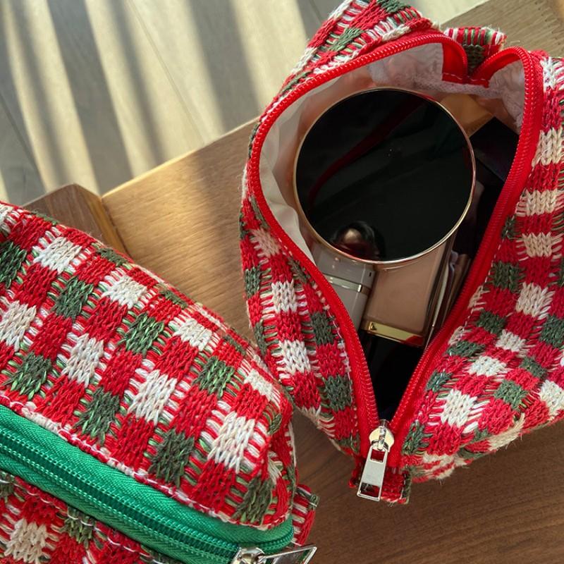 New Cosmetic Bag Knitted Red Green Plaid Large Capacity Makeup Bag Storage Pouch Pen Bag Travel Portable Wash Bag Christmas Gift