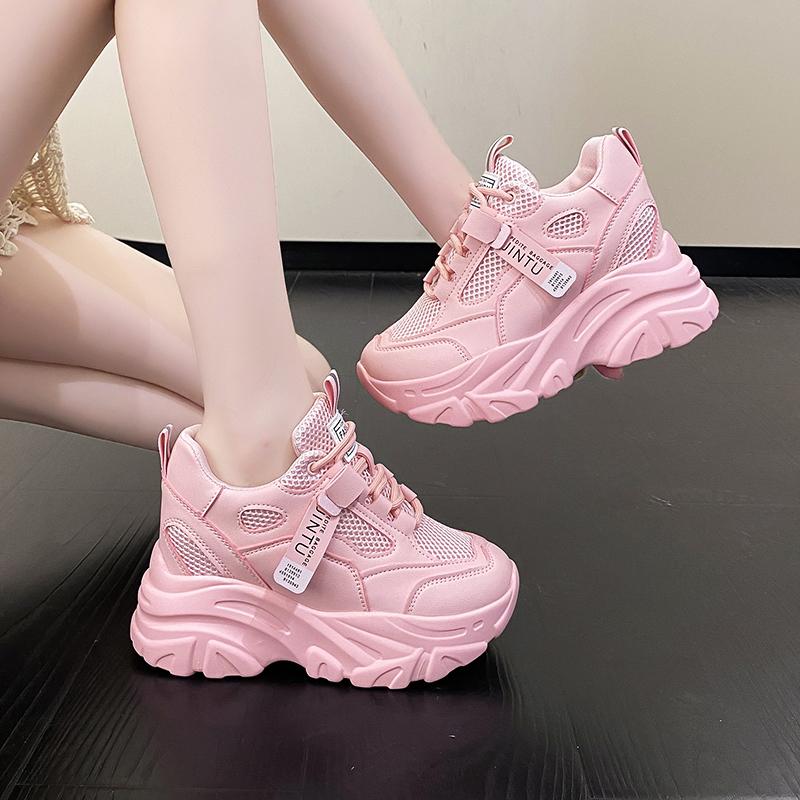 Fashion Summer Breathable Mesh Sneakers 9.5CM Hidden Heels Spring High Platform White Sports Dad Shoes Wedges Casual Chunky Sneakers