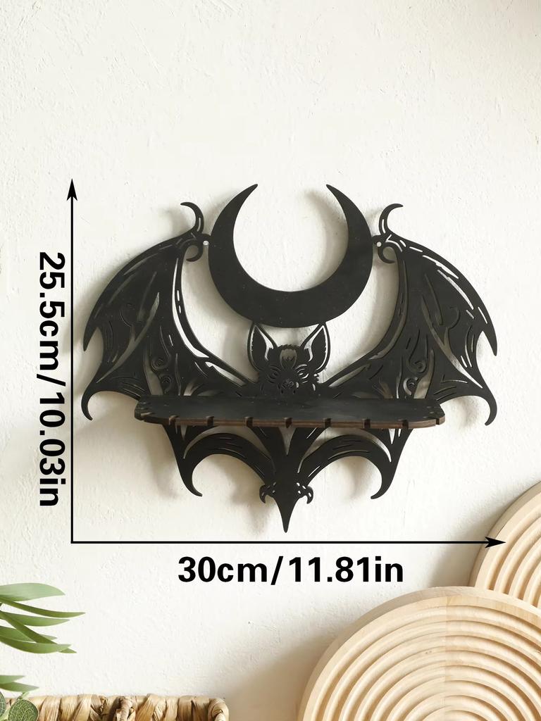 Halloween Black Wooden Wall Shelf Gothic Bat Moon Hollow Pattern Floating Shelf Crystal Holder Witch Room Decor Goth Home Decor
