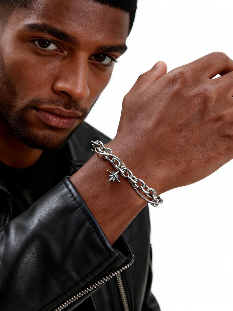 Hiphop Four-point Star Chain Bracelet for Men,Two Layers Stainless Steel Adjustable Chain Link Wristband Gift