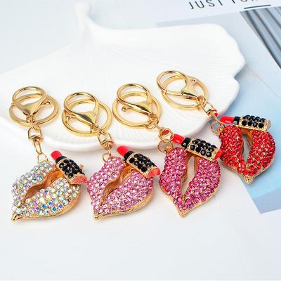 Custom Rhinestone Lipstick Keychain: European & American Women's Lip Bag Charm Pendant