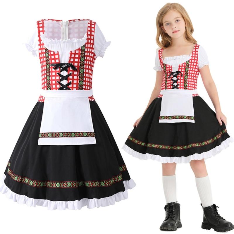 Kid Girl Oktoberfest Costume German Bavarian Beer Festival Outfits for Halloween Carnival Party Long Dirndl Dresses