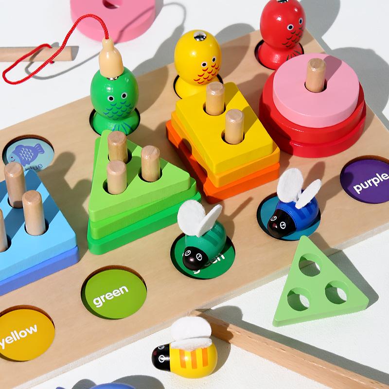Wooden Children'S Educational Multi-Functional Three-In-One Set Of Column Cutting Music Bee Color Cognitive Toys