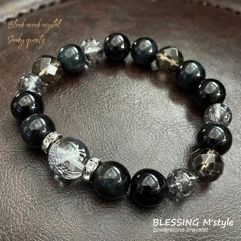 Natural Power Stone Bracelet with Suzaku Silver Carved and Eye Black Protection from Evil and Amulet for Good and Includes a Luxury Drawstring Bag