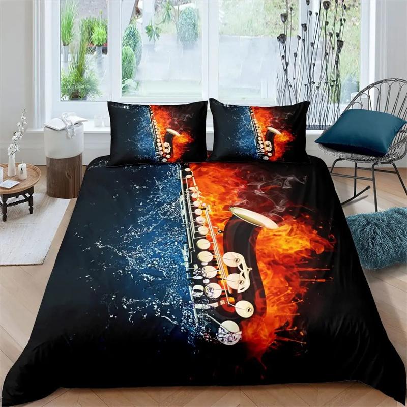 

Саксофон Пододеяльник Комплект Вращающиеся Музыкальные Ноты Постельное Белье Музыкальный Инструмент Ретро Джаз Музыка Тема Двойное Одеяло Покрывало Для Детей 135x200cm 2pcs