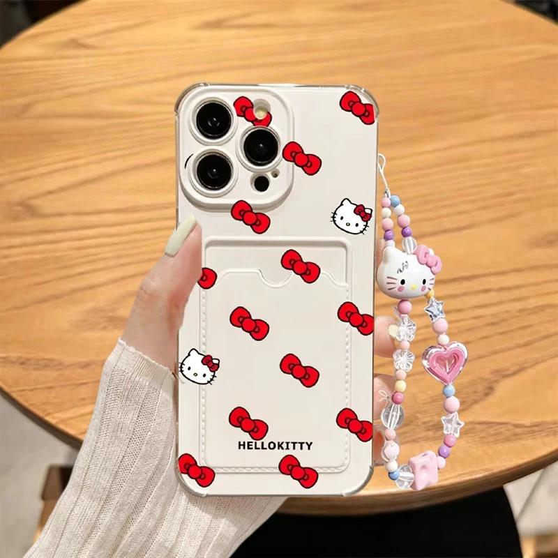 3D Bow Hello Kitty Bracelet Case For Iphone 13 12 11 Pro Max XR X XS Max 6 6S 7 8 Plus 13 Mini 17 Pro Max 5G Card Holder Cover