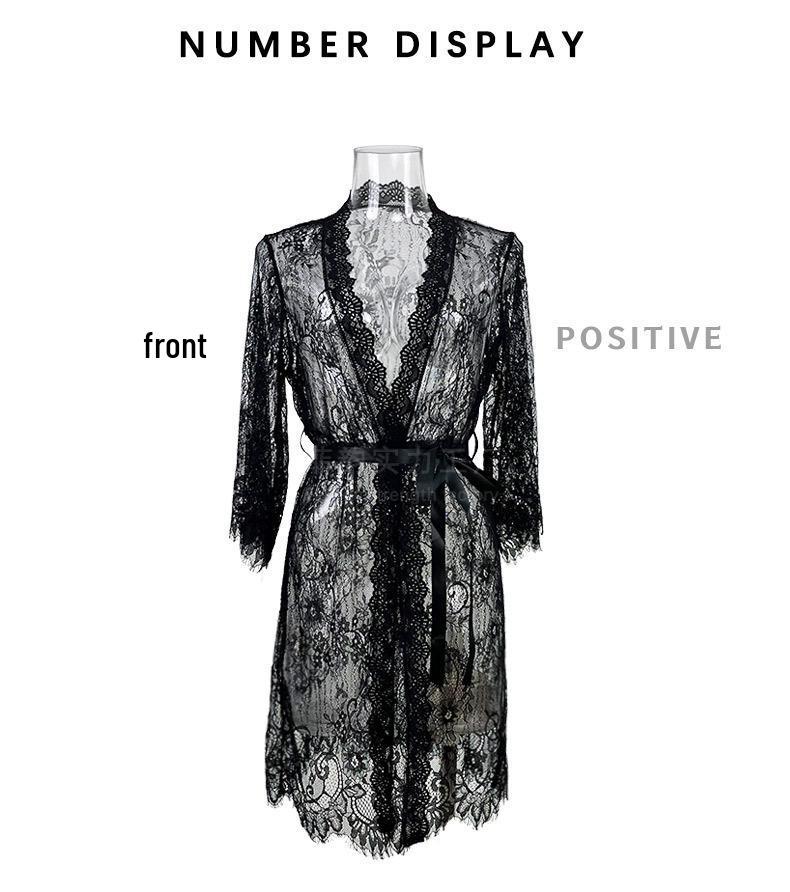 Sexy síťkovaná krajková lemovaná průsvitná noční košile župan - Dámské domácí oblečení