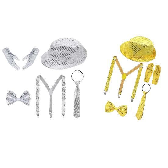 5 Pcs/Set 80s 90s Disco Accessories for Men Women Sequin Hat Harness Belt Gloves Bowtie Necktie Disco Costume Set for Carnival Masquerade Halloween
