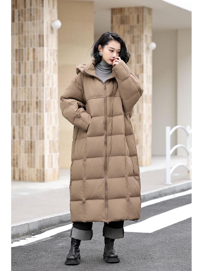 Dam 2025 Vinter Lång Dunjacka med Huva - Koreansk Stil, Tjock, Enfärgad, Kappa över Knäna