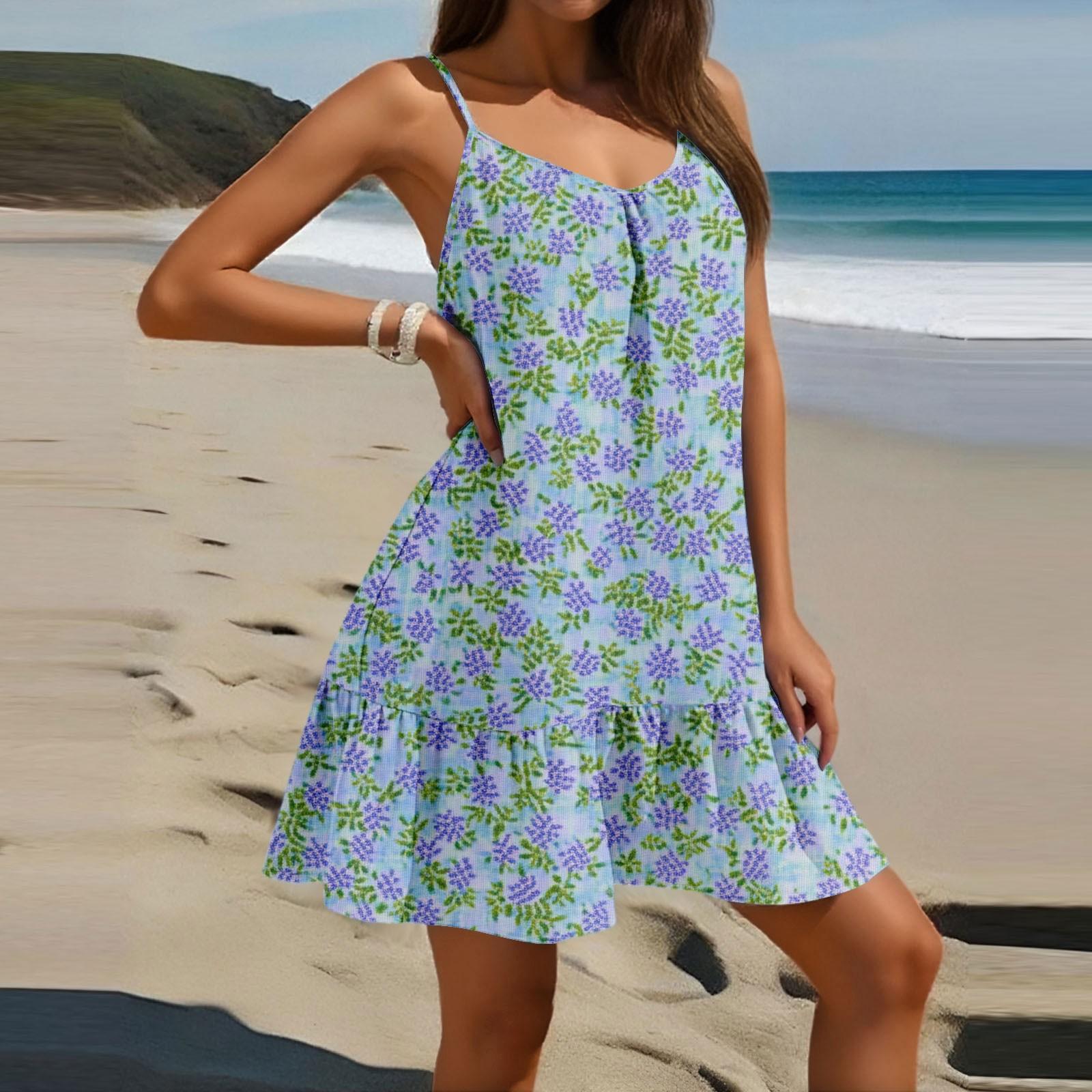 Women s Casual Sleeveless Loose Fit Floral Print Beach Dress Summer Round Neck Ruffled Hem Lightweight Sundress S