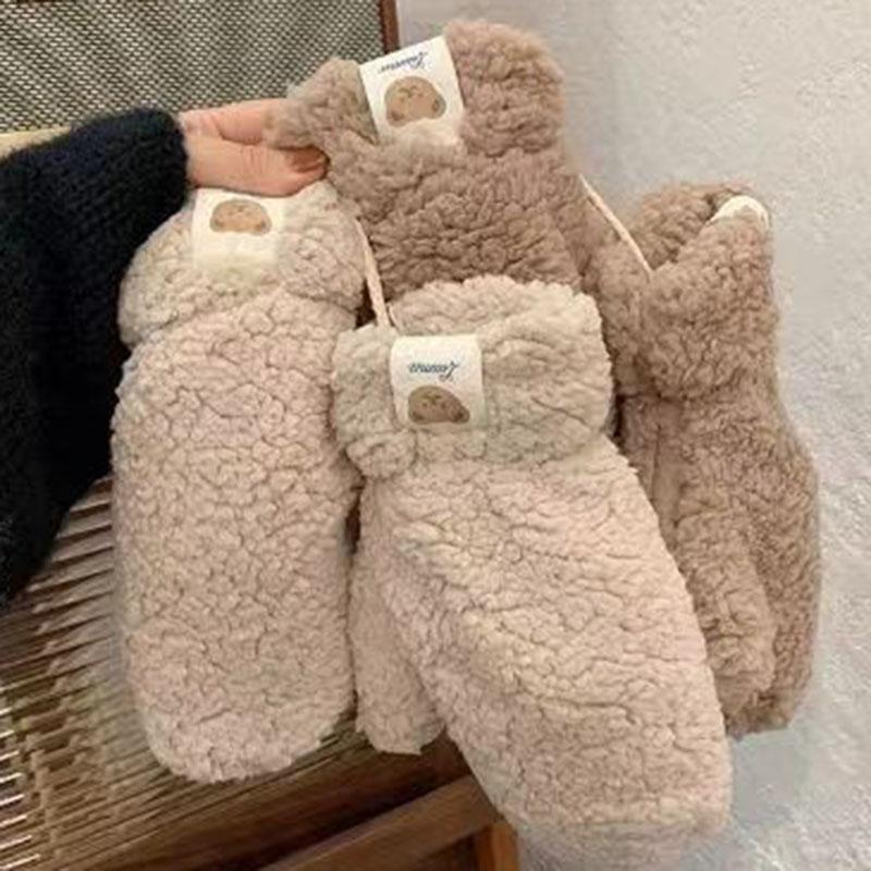 Korean Women Faux Fur Mittens Plush Thicken Warm Halter Winter Baby Gloves Girls Boys Lamb Wool Ladies Snow Gloves Outdoor