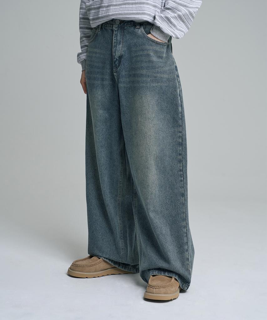 Mubeun More Wide Denim Pants Washed Blue