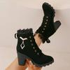 Large Size Women's Single Boots Autumn and Winter Fashion Rhinestone High Heel Fashion Boots Round Head Lace-up Thick Heel Short Boots