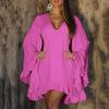 Women V Neck Flared Long Sleeve Mini Dress Solid Color Irregular Ruffle Hem Solid Color Casual Short Vacation Dress