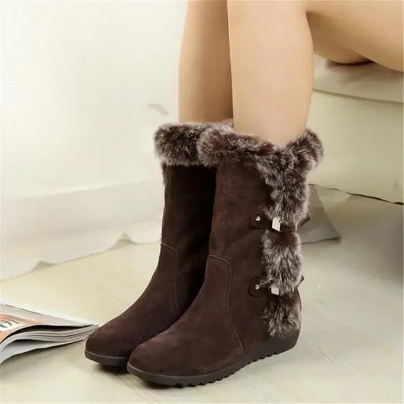 New Winter Women's Mid-calf Boots Fur Slip-On Round Toe Wedge Women's Shoes Casual Warm Snow Boots XL 42 Outdoor Zapatos Mujer