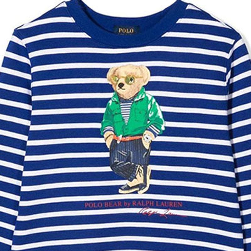 Felpa Polo Ralph Lauren SS22 Stampa Orso Righe Girocollo Manica Lunga Pullover Felpa Bambino Blu 322865677-001