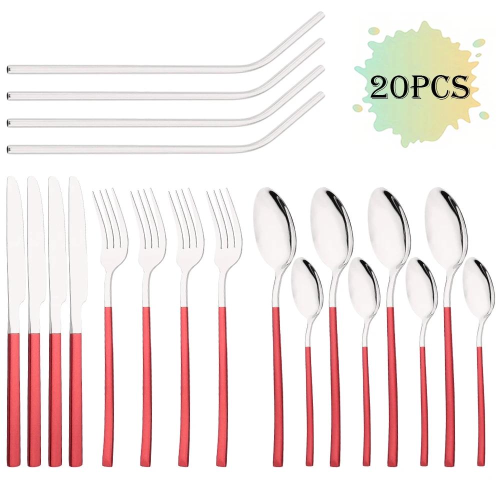 20Pcs/Set Rose Gold Cutlery Set Stainless Steel Tableware Knife Fork Spoon Straw Dinnerware Set Kitchen Flatware Silverware