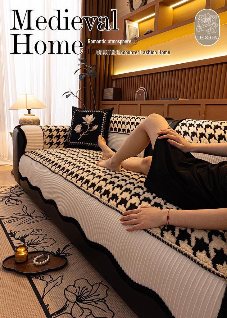 High-End Fluffy Houndstooth Patchwork Sofa Cushion - Non-Slip Seat Cover 2026