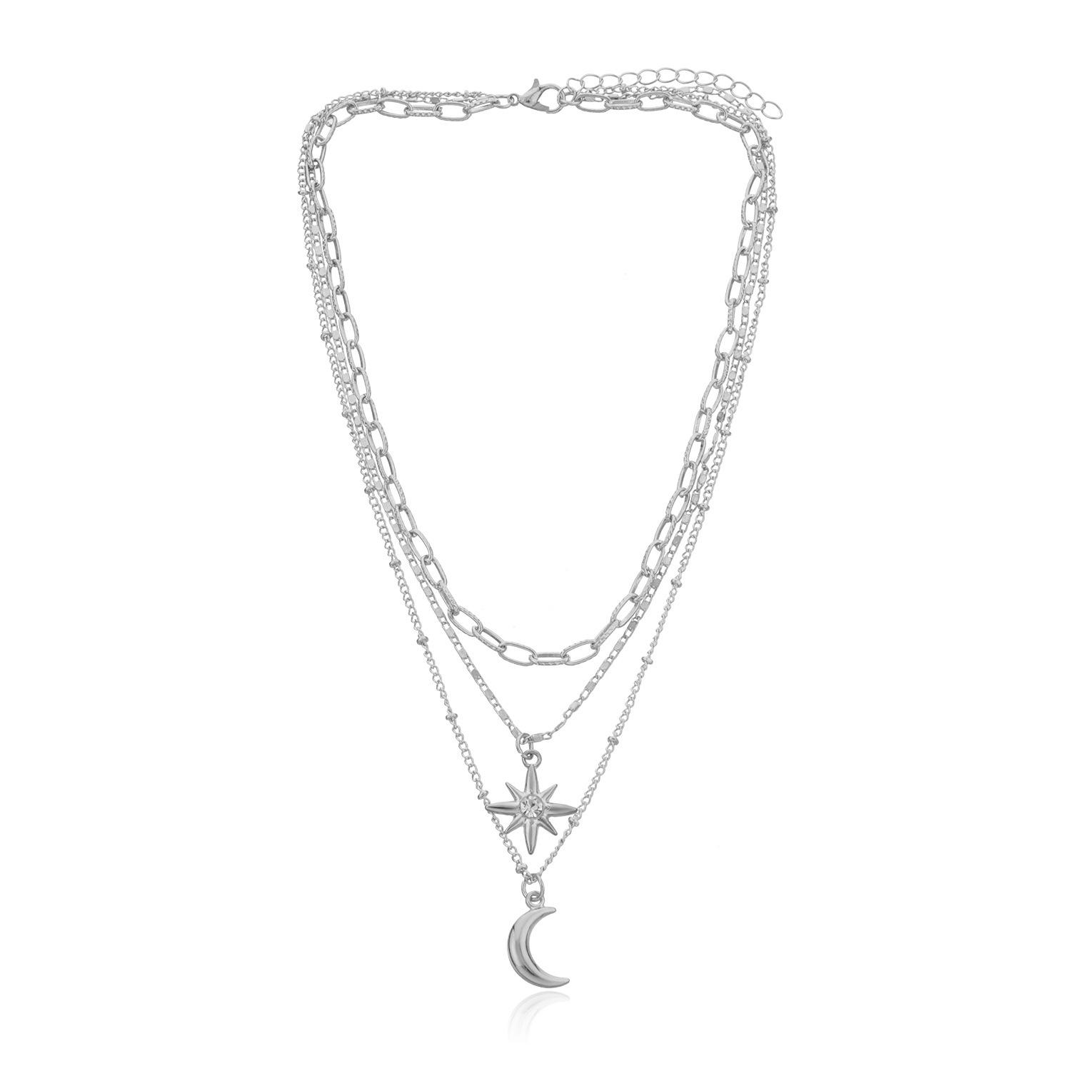 

Fashion three-dimensional crescent moon pendant necklace, multi-layer temperament diamond-encrusted hexagram necklace