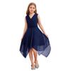 Fließendes einfarbiges Chiffonkleid für Mädchen V-Ausschnitt Ärmellos Asymmetrischer Saum Plissierte Taille Partyauftrittskleid