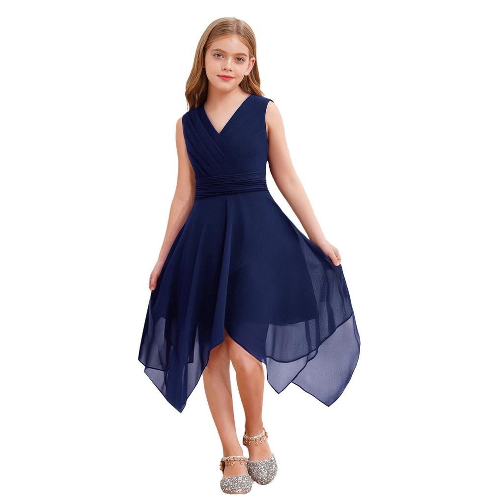 Fließendes einfarbiges Chiffonkleid für Mädchen V-Ausschnitt Ärmellos Asymmetrischer Saum Plissierte Taille Partyauftrittskleid