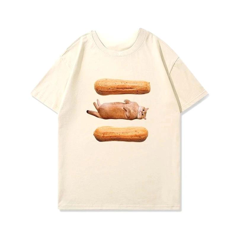 Classic Cute Cat Sandwich Meme T Shirt Women Harajuku Style Graphic Tee Fit Casual Short Sleeve Summer Top