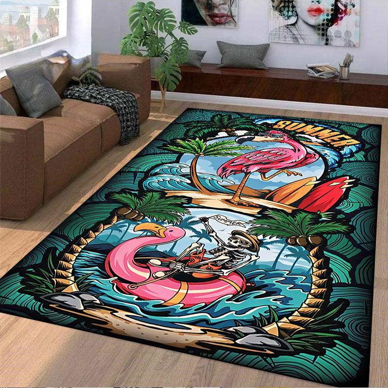 Summer Flamingo and Pirate Skeleton Tropical Cartoon Carpet Design Suitable for Use As an Anti-slip for Living Room Bedroom Sofas