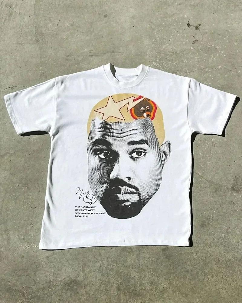American Trendy Hip Hop Street Style T-Shirt Unisex Celebrity Portrait Print Tee Kanye Photo Top  Sport Loose Streetwear Teess