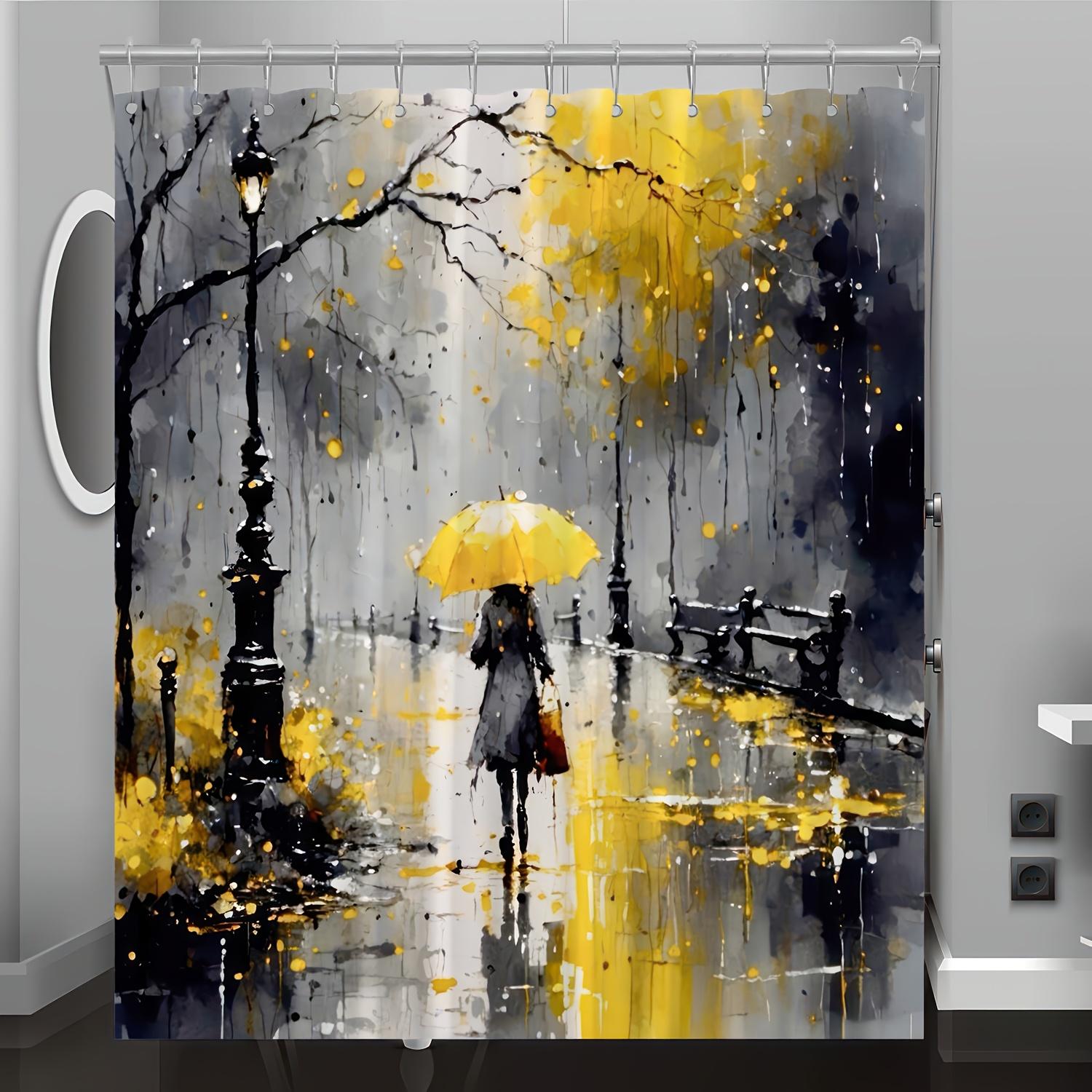 Charming Rainy Day Print Waterproof Shower Curtain for Bathroom, Yellow Umbrella Design High-End Toilet Partition Curtain W90XH180cm