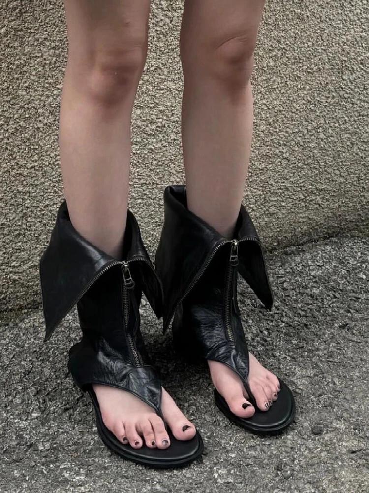 Genuine Leather Flip Flops Cool Boots Mid-Tube Zipper 2025 Summer New Women Flat Sandals Black Open Toe Sandals