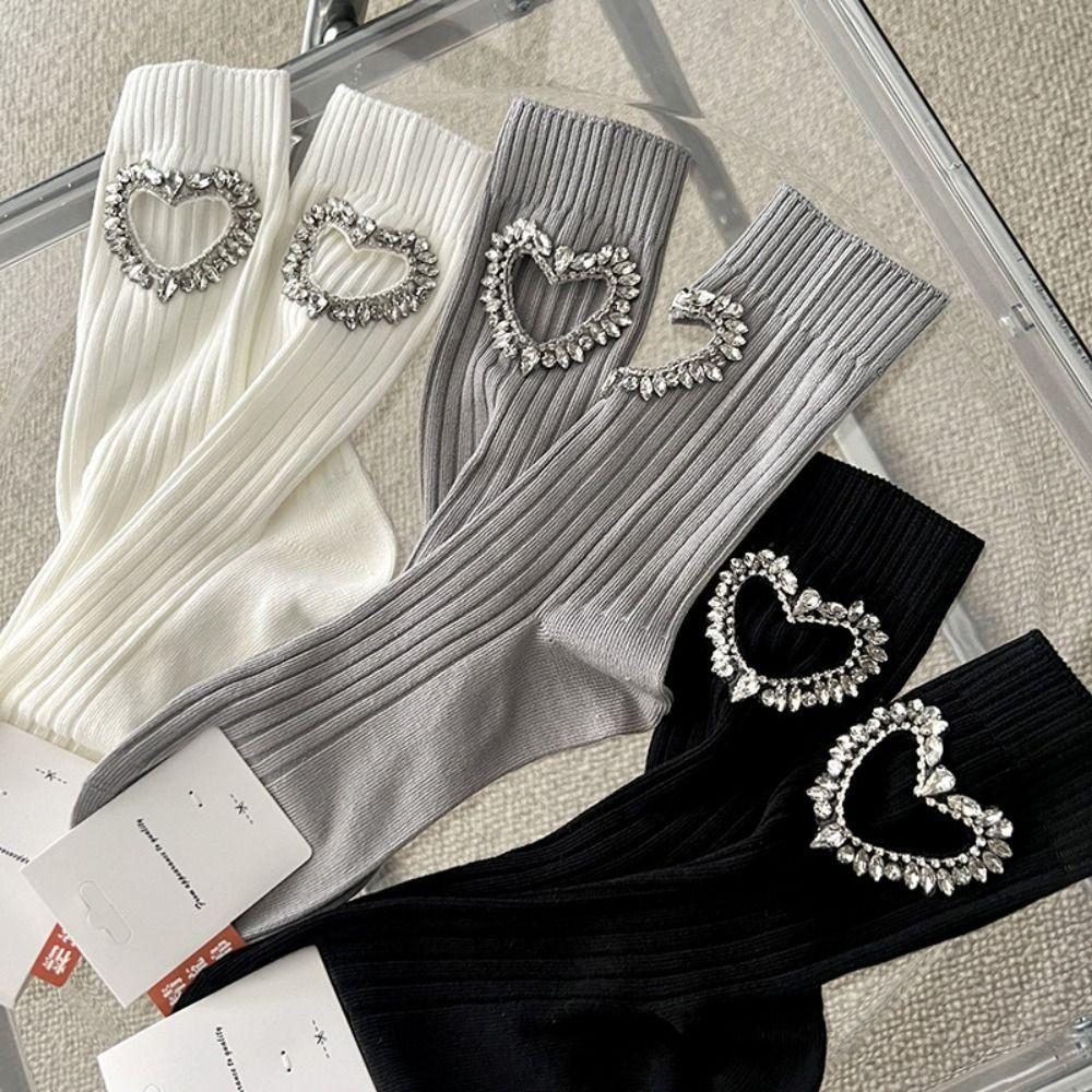 JK Rhinestone Heart Socks Cotton Mid-calf Socks Women Breathable Y2K Tube Socks  Lolita