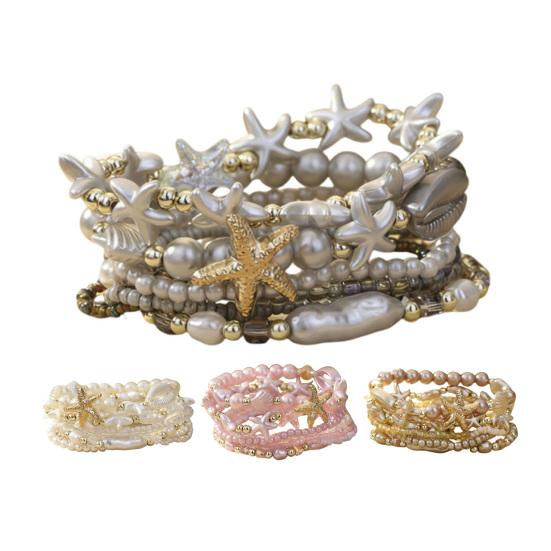 1 Set Bohemian Starfish Bracelets for Women Coastal Style Stackable Stretch Bracelets Faux Pearl Beaded Bracelets for Holiday Summer Beach