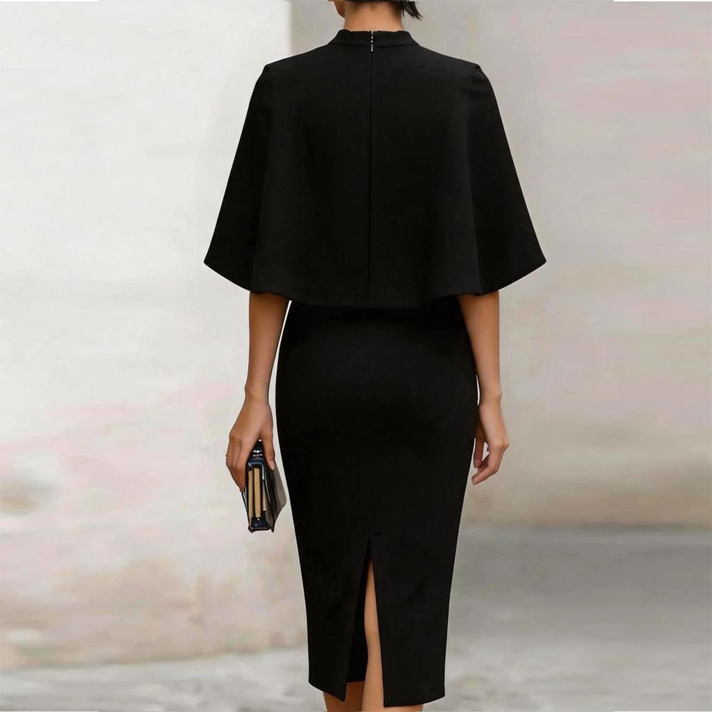 Women's Fashion Midi Dress Round Neck Short Sleeve Bodycon Pencil Dress with Cape Overlay Elegant Slim Fit Knee Length Dress