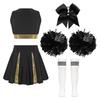 Girls Cheerleading Dance Outfit Sleeveless V Neck Letter Print Crop Top Pleated Skirt Bowknot Hair Tie Hand Flowers Tube Socks Set