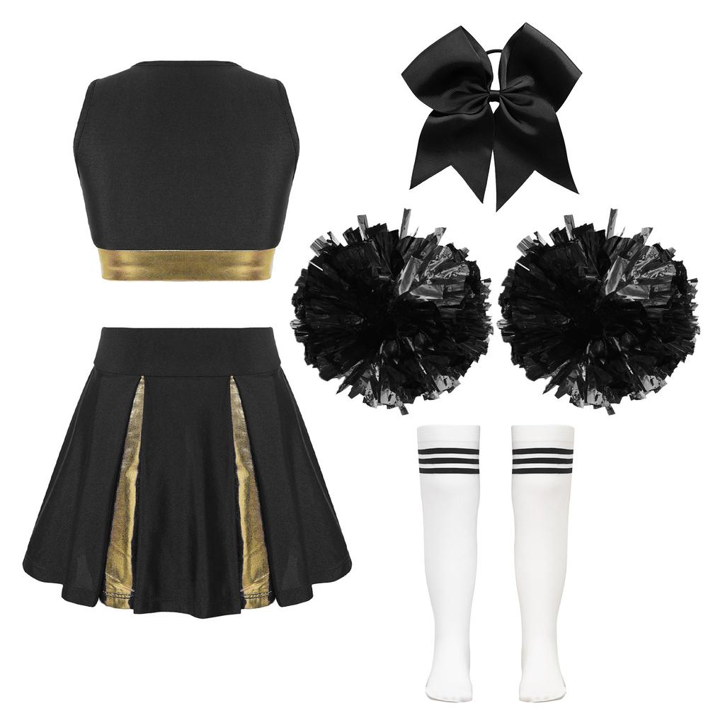 Girls Cheerleading Dance Outfit Sleeveless V Neck Letter Print Crop Top Pleated Skirt Bowknot Hair Tie Hand Flowers Tube Socks Set