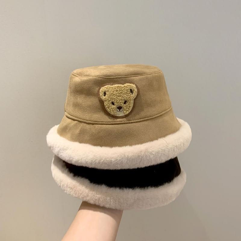 Cute Bear Plush Bucket Hat for Baby Autumn Winter Girls Boys Solid Color Fisherman Hats Thicken Warm Kids Outdoor Basin Cap