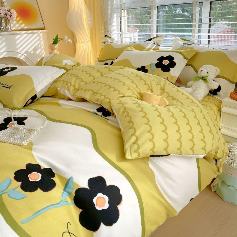 Thickened Pure Abraded Four-piece Set, Single Double Skin-friendly Twill Bed Sheet, Quilt Cover, Dormitory Three-piece Set, Bedding
