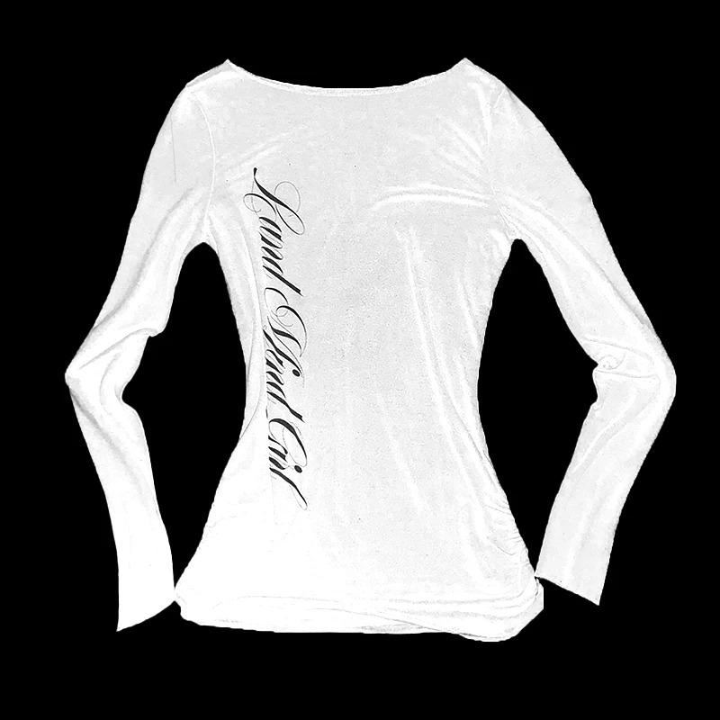 

Готический Harajuku Винтажный панк Эмо Девушки Длинный рукав Футболка Сексуальный тонкий шикарный принт Укороченные топы Гранж Y2K Эстетика Женская уличная одежда S белый