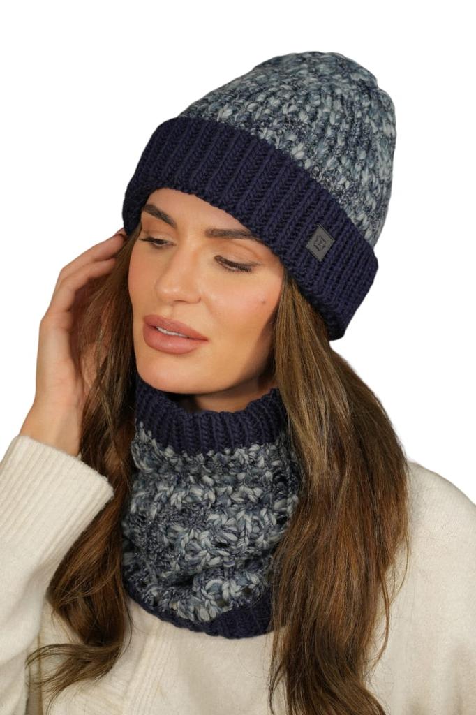 Apricot Colored Youth Hat with Turn-Up Collar Navy Blue