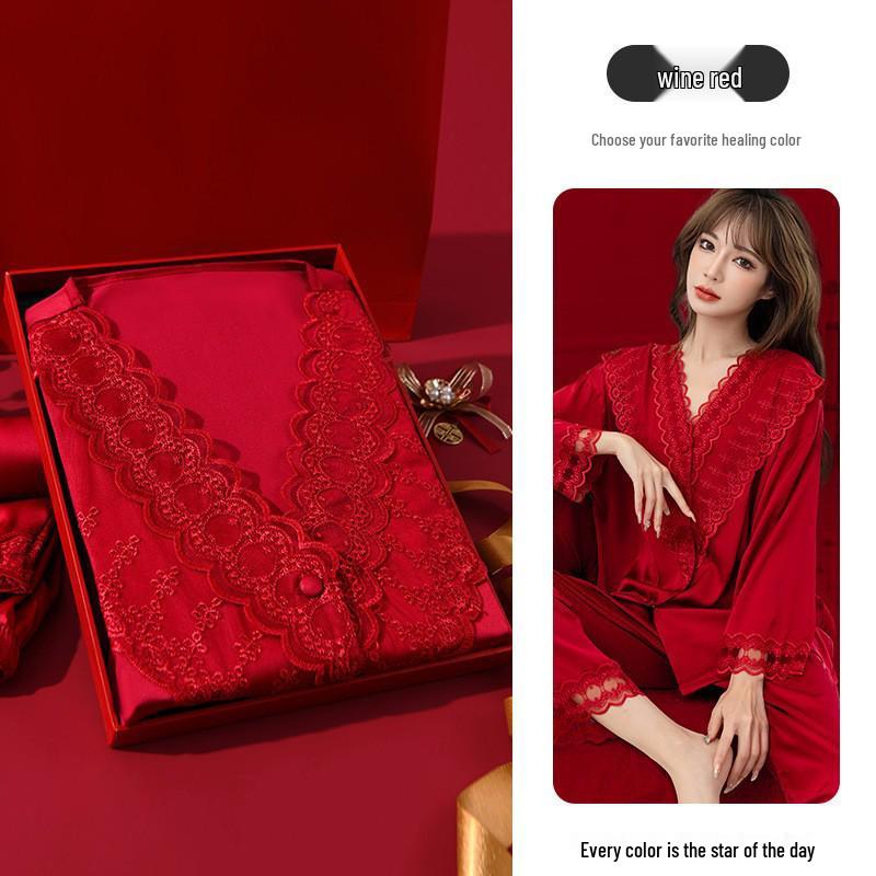 Year of the Ox Women's Red Pajamas with Built-in Bra - V-neck, Soft, Skin-Friendly, Sexy Loungewear - Perfect Gift for Best Friend