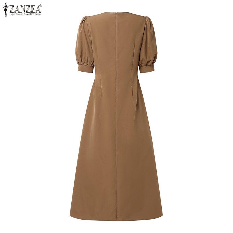 ZANZEA Damen Elegantes Puff-Kurzarm Freizeit-Langkleid