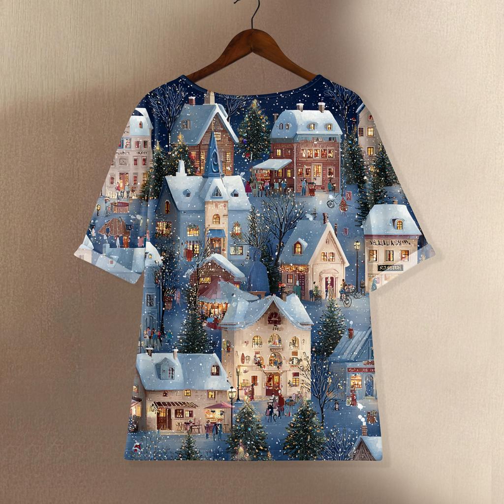 Women's Fashionable And Casual Shirt Half-sleeve Round Neck Print Cotton And Linen Blouse Top