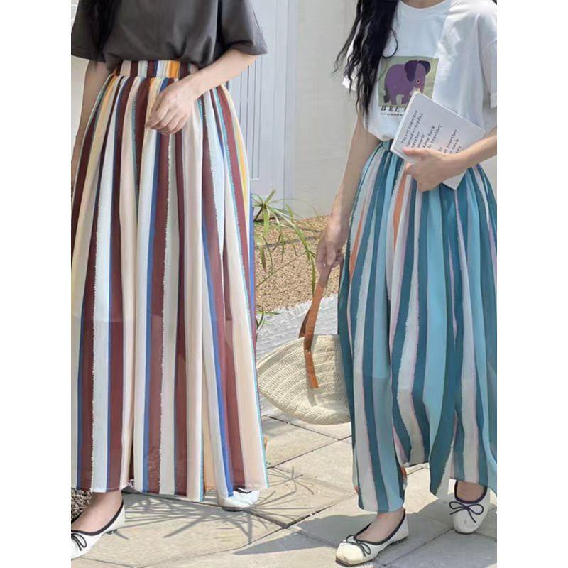 Spring and Summer New Arrival Women's Clothing Stripes Long Skirt A- Line Large Hem Long Skirt Elastic Waist Loose Slimming Stripes Stripes Skirt