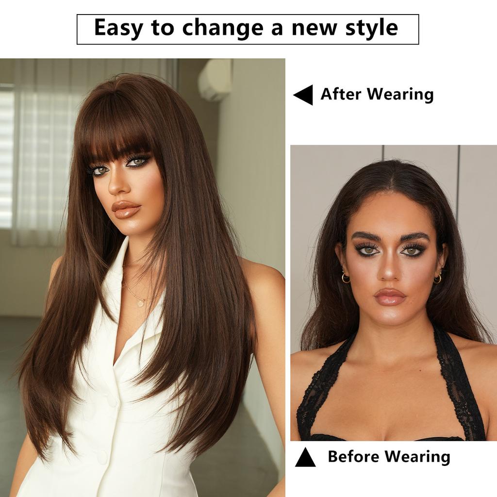 64cm Long Straight Layered Wig with Bangs – Heat-Resistant Synthetic Hair in Brown, Auburn, Ash Blonde, Gold, Black & Pink